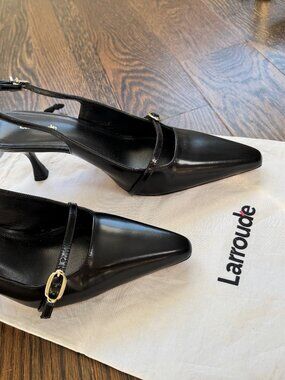 Larroude Black Leather Pointed-Toe Slingback Heel